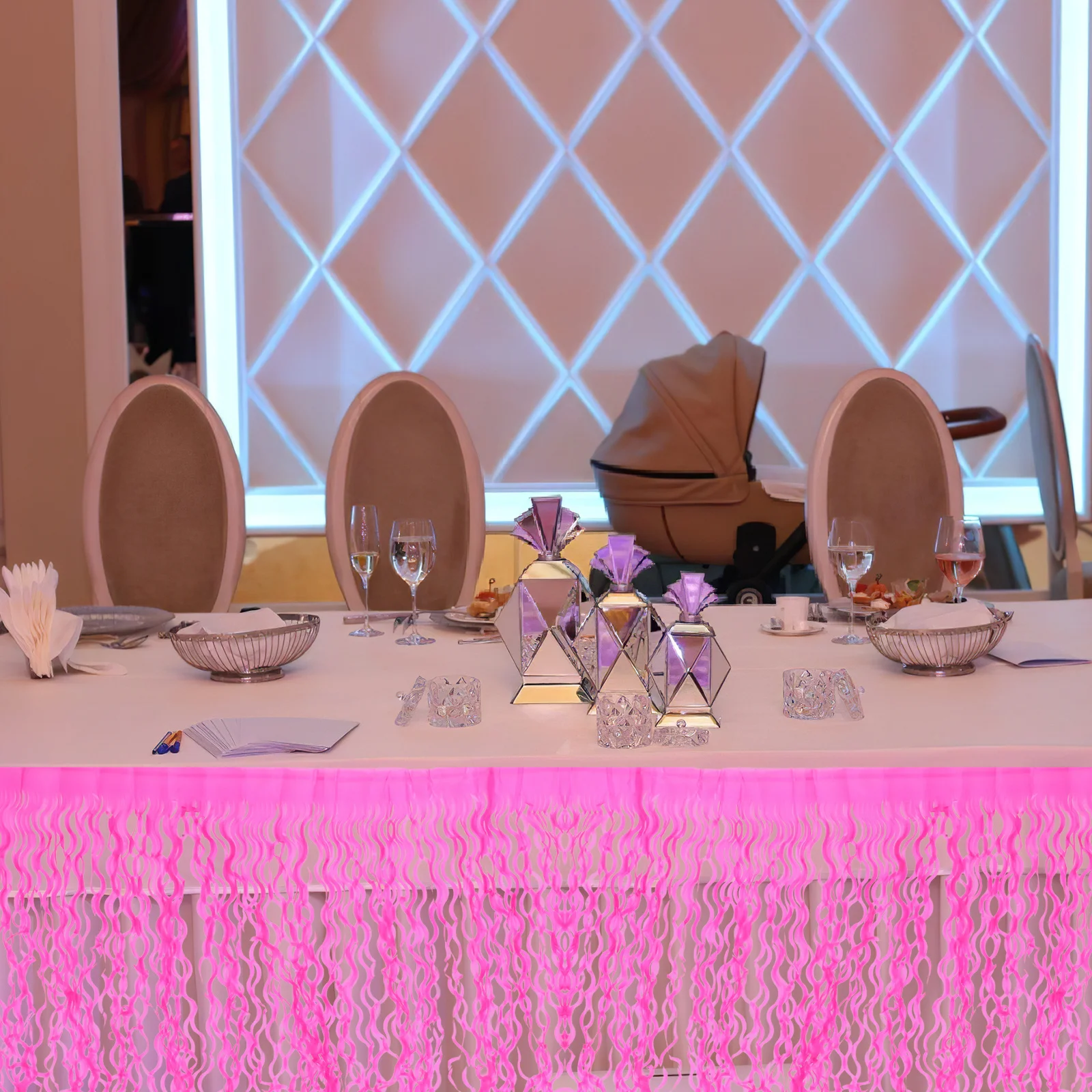 

Vibrant Pink Fringe Table Skirt - Shimmering Metallic Tinsel Curtain for Party Wedding Shower Festival Table Decorations