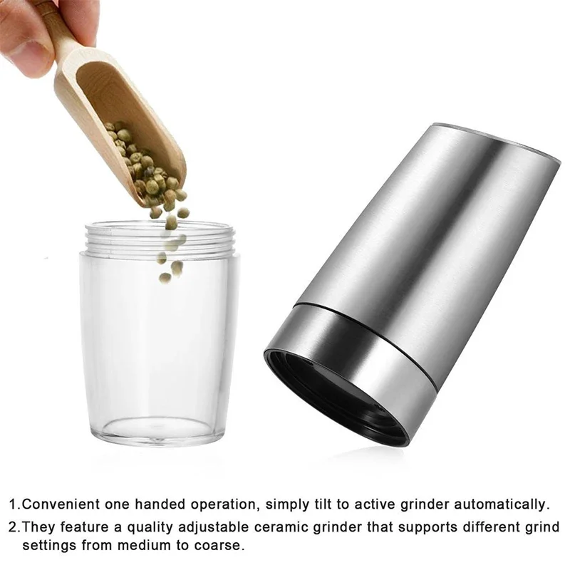 Electric Automatic Salt Pepper Grinder Gravity Spice Mill Battery-Operated Adjustable Coarseness One Hand Operated Kitchen Tool