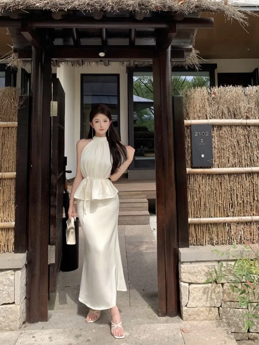 

Gagarich 2025 Pure Desire Wind Set Women Summer Satin Hanging Neck Sleeveless Vest Top High Waist Fish Tail Half Body Skirt