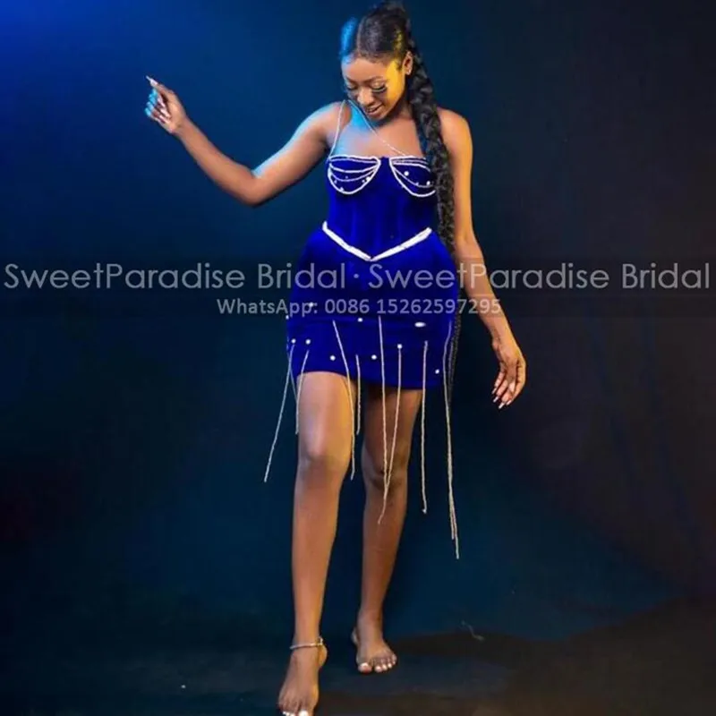 

Stretchy Short Cocktail Dresses With Tassel Sheath One Shoulder Customized Royal Blue Velvet Mini Homecoming Dress Party