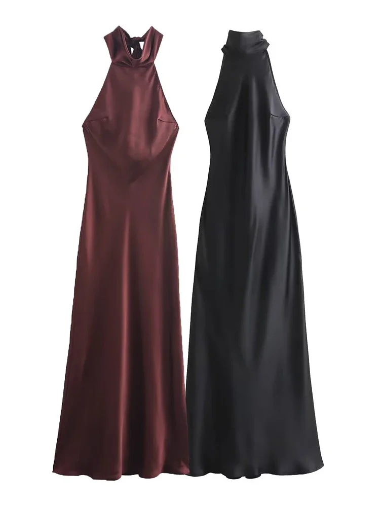 Foridol Halter Satijnen Jurk Vrouwen Sexy Backless Bordeaux Jurk Elegante Maxi Lange Feestjurk Herfst Winter Kerst Vestidos