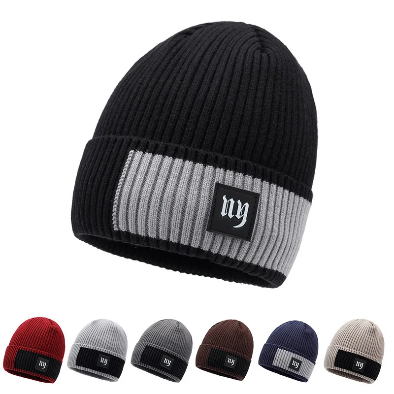 Letter Color Block Men s New Winter Warm Windproof European And American Outdoor Cycling Knitted Cold Hat