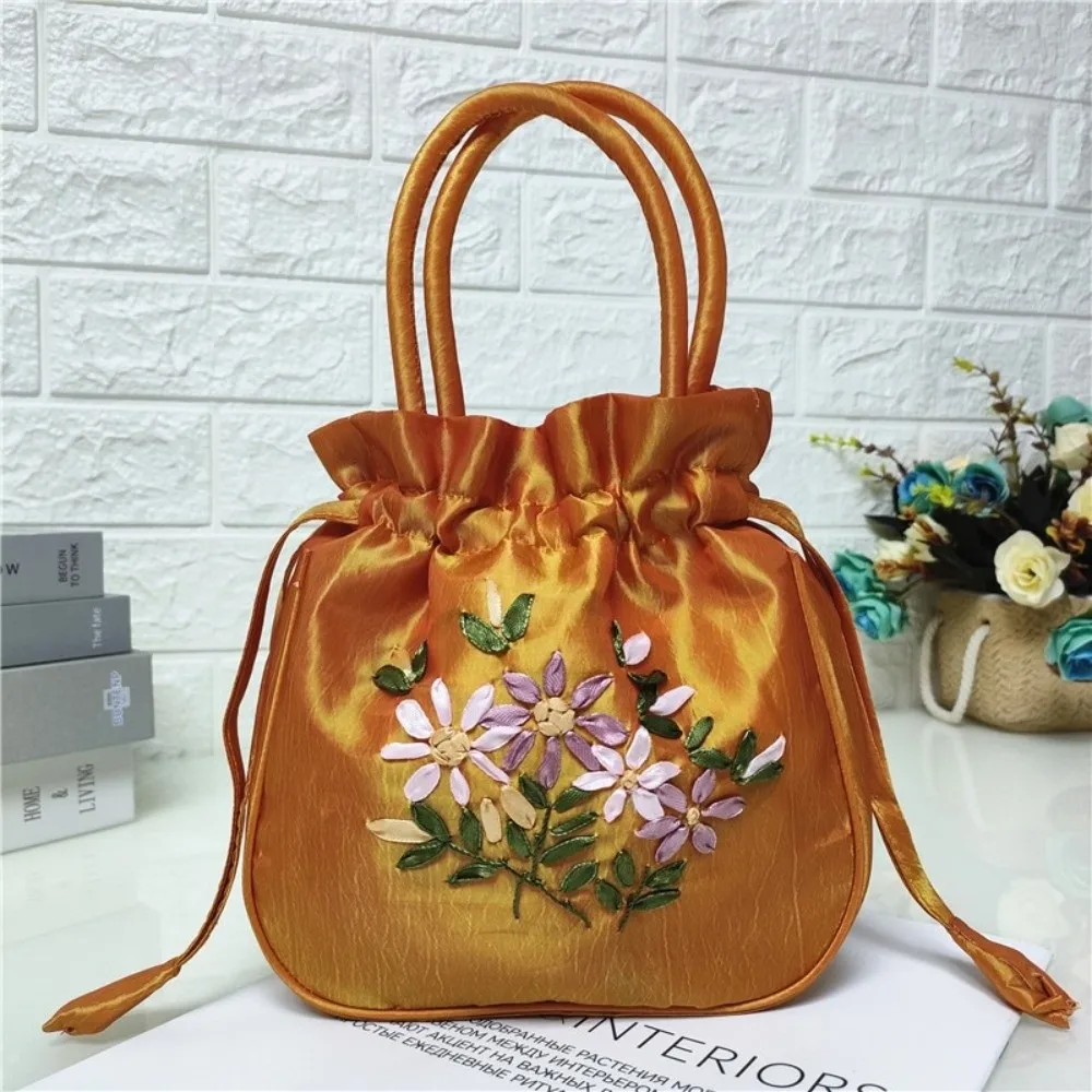 Embroidered Flower Pattern Women Bucket Bag Small National Style Top Handle Bag Phone Bag Dacron Drawstring Bag Casual Occasions
