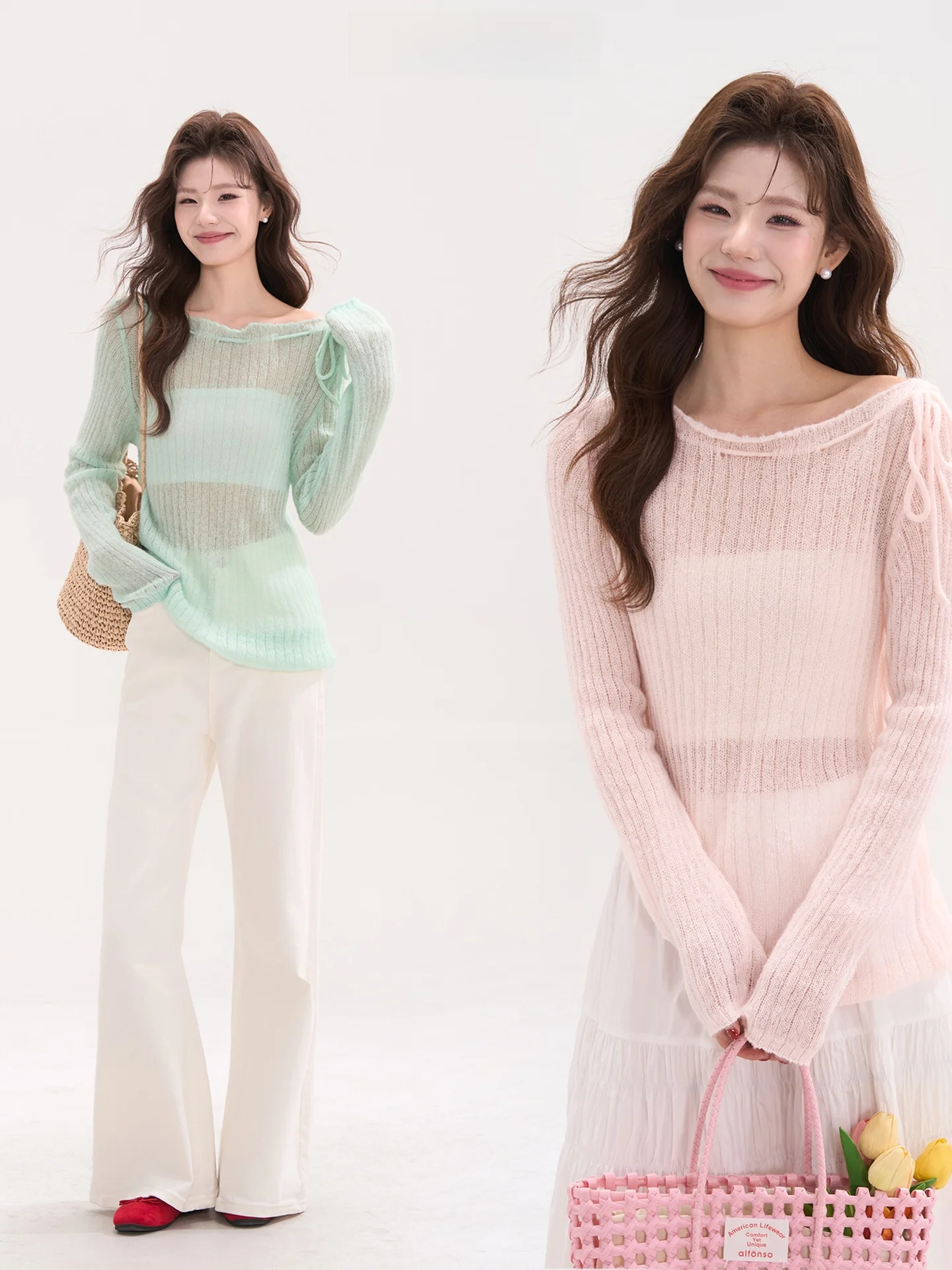 

Heme 9 Woolen Knitted Long Sve Top with Belt Casual Sle Spring Summer Women's Faionable Window Display Flower Field