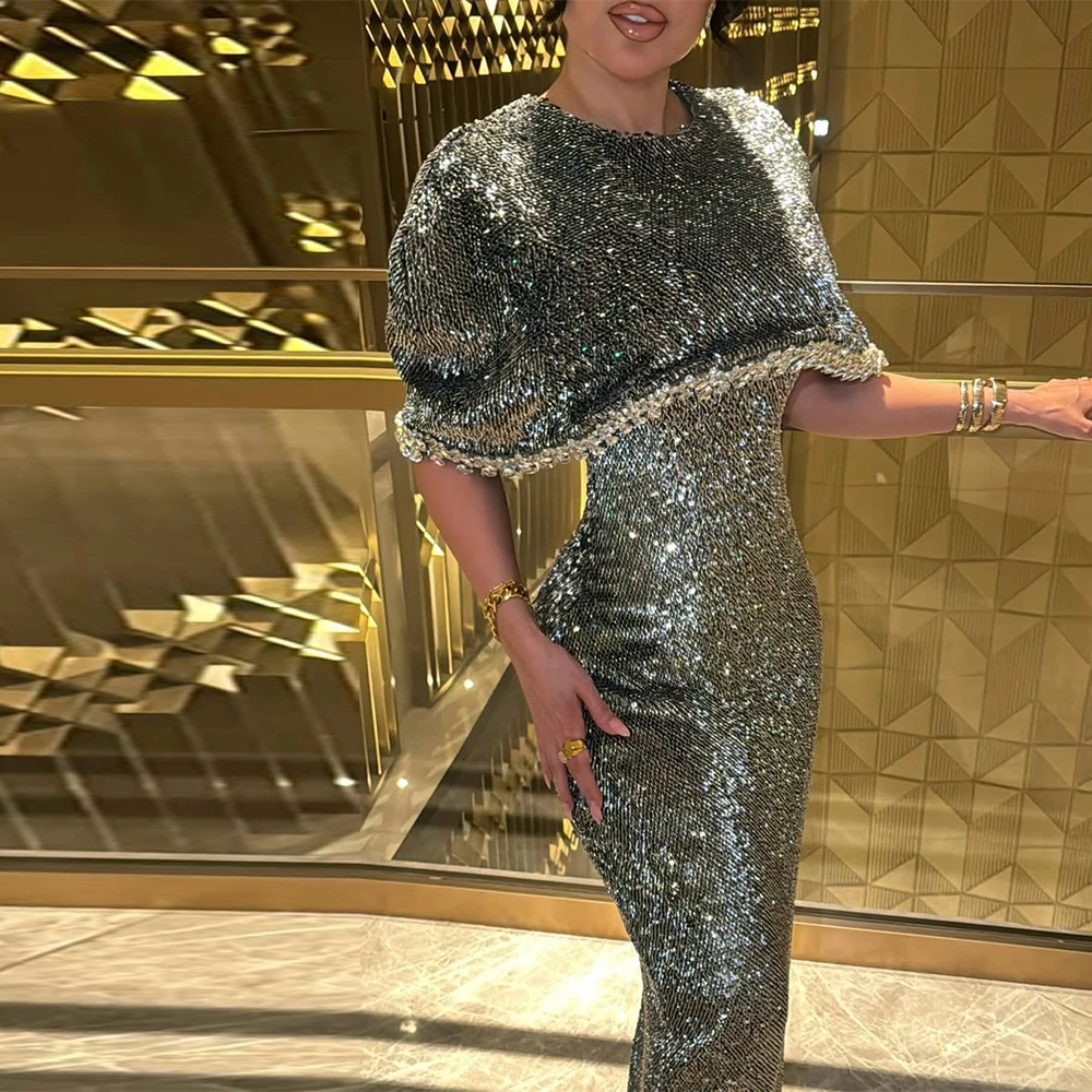 Weiches Meerjungfrau-Abendkleid, eleganter Schal, kurze Ärmel, maßgeschneiderte Ballkleider, zartes, mit Pailletten besetztes, maßgeschneidertes Kleid für besondere Anlässe