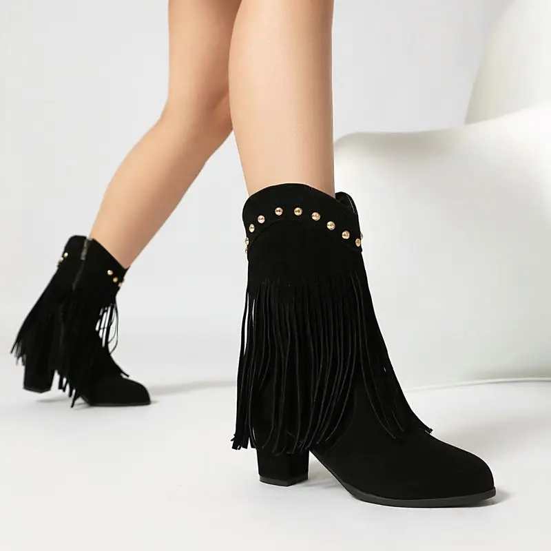 

ORCHALISA/Большие размеры 43, модные замшевые женские ботинки Bota на блочном каблуке 6,5 см на молнии, черно-коричневые женские ботинки с бахромой из флока с металлическими украшениями