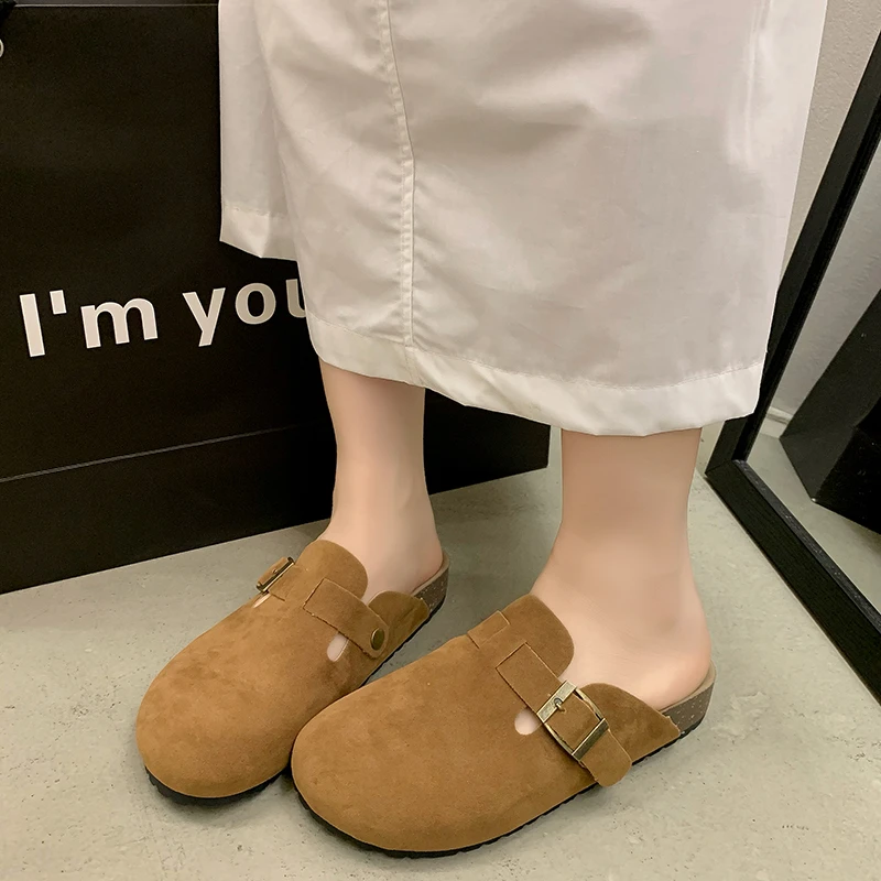 2024 High Quality Ladies Shoes Autumn Women's Slippers Round Toe Solid Flock Buckle Decoration Low-heeled Good-looking Mules