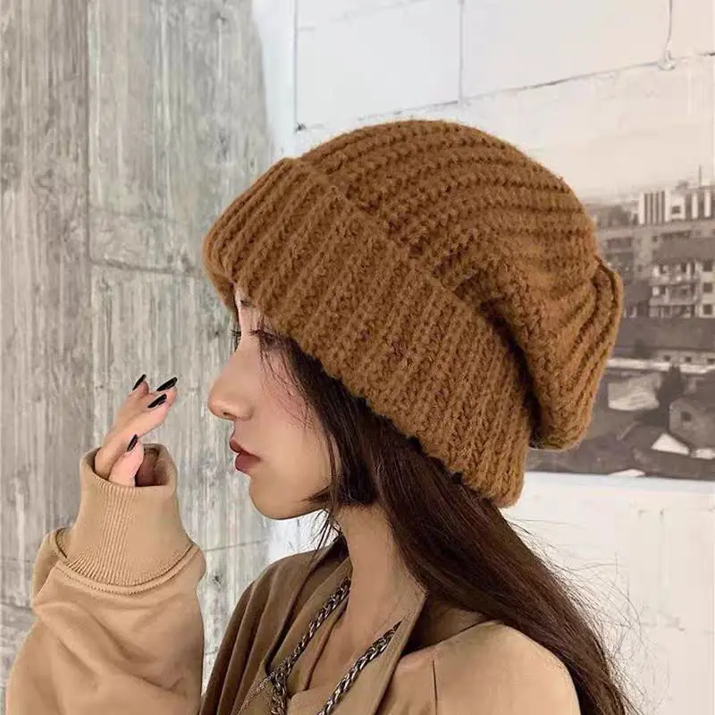 2024 Winter Knitted Hat Women Korean Fashion Solid Outdoor Warm Beanies All-match Casual Elastic Comfortable Cap New