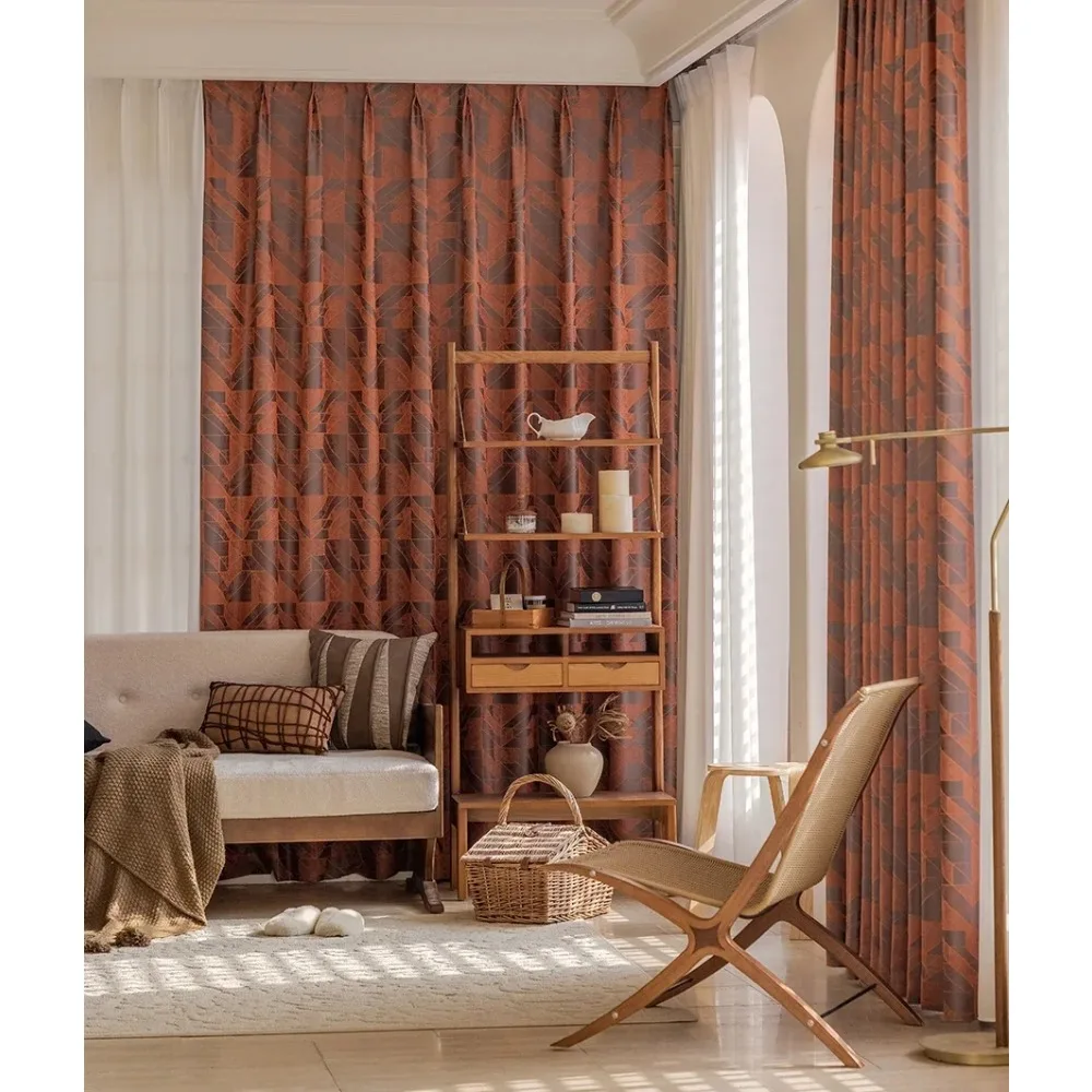 Vintage Rust Red Irregular Jacquard Thickened Blackout Sound Insulation Curtains for Living Room Bedroom French Window Balcony