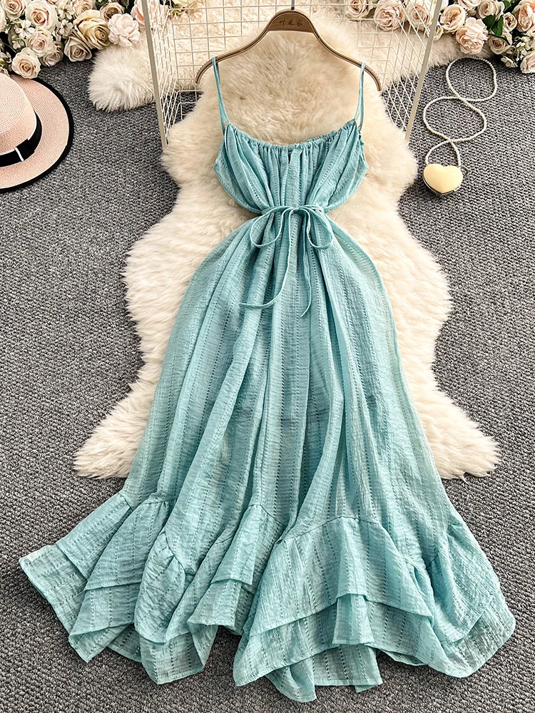 

Women's Summer Dress Design Sense Backless Solid Color Suspender New Spicy Girl Waist Cinched Lotus Leaf Edge Vestidos DS119