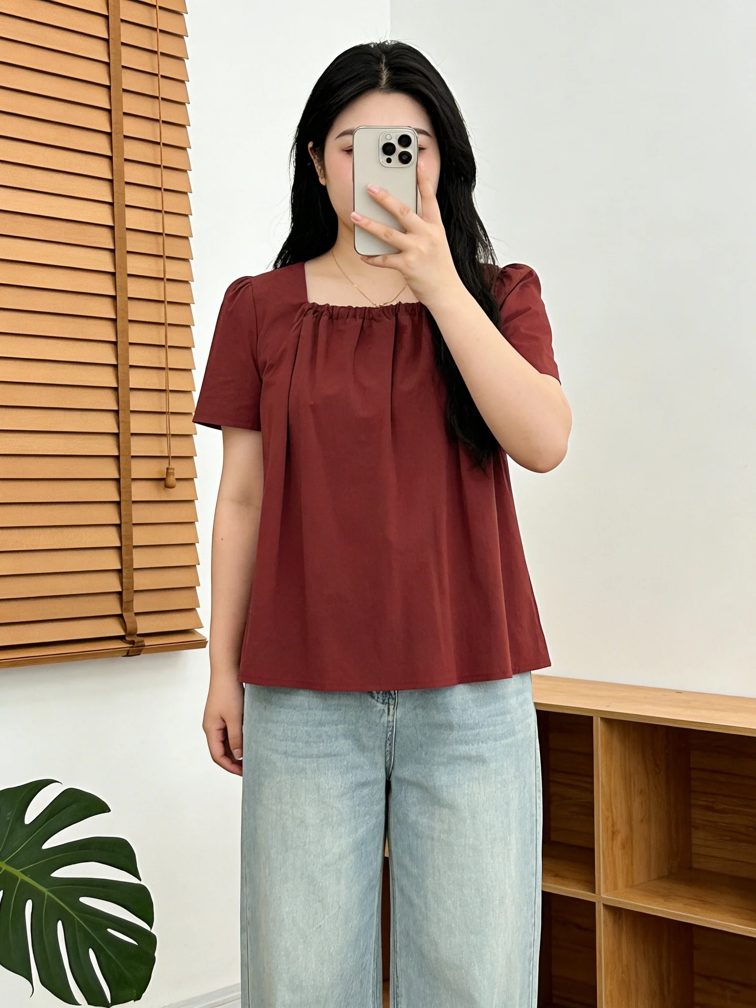Loose Fit Square Collar Short Sleeve Women's Shirt Summer 2026 New Style Pure Color Design Casual Fashion Top Cover up