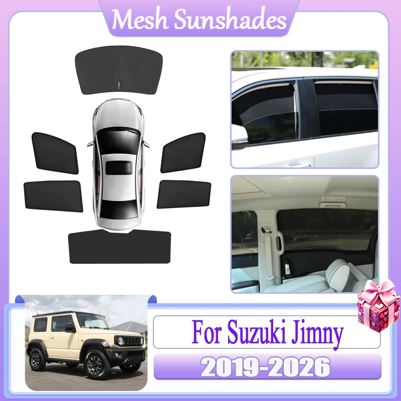 

Для Suzuki Jimny Sierra 3-дверный 2019-2026: Магнитные солнцезащитные шторки на окна, теплоизоляционные сетчатые козырьки, аксессуары для автомобиля