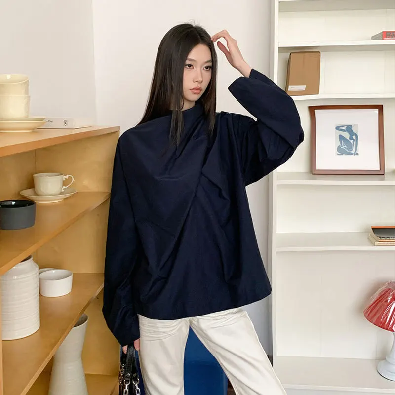 EAEOVNI moda bufanda cuello mujer blusa Color sólido pliegues diseño camisa de manga larga Casual 2025 nueva ropa femenina 1A1647