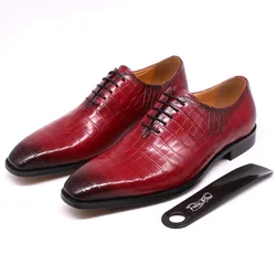 Luxury Mens Oxford Dress Shoes Genuine Leather Alligator Print Men's Shoes Handmade Lace Up Whole Cut Formal Wedding Suit Shoes