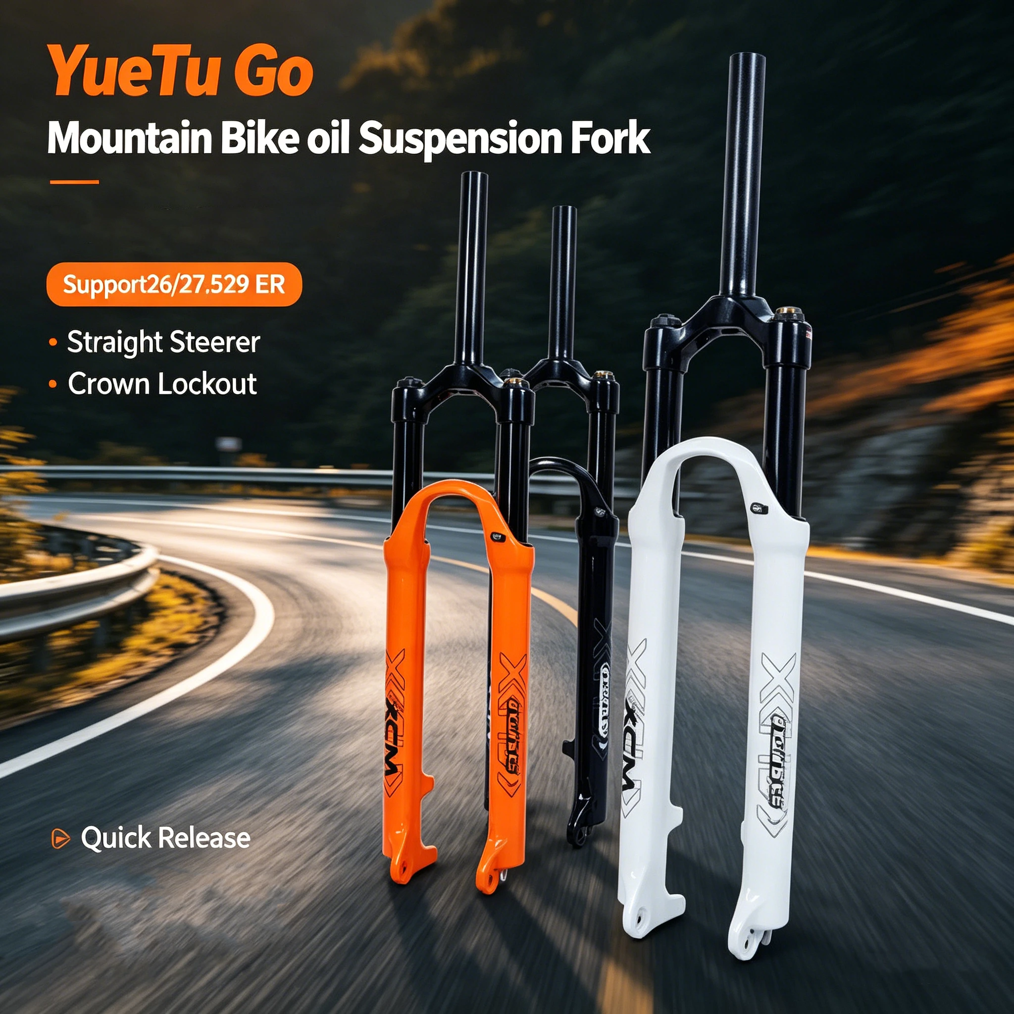 

Mountain Bicycle Oil Spring Shock-absorbing Front Fork Travel 120mm Shoulder Control Straight Tube 26/27.5/29ER Lockout Function
