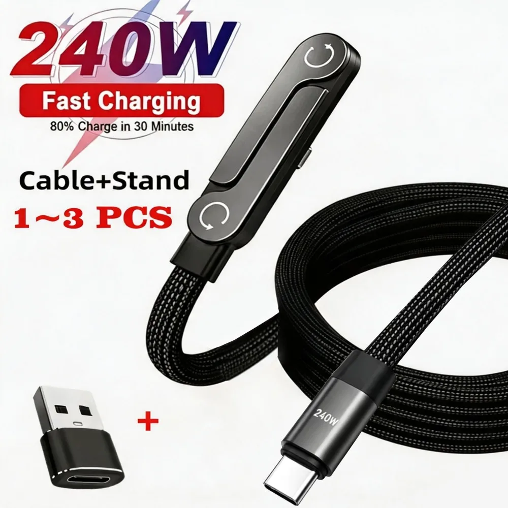 240W PD Fast Charging USB to Type C Cable Foldable Phone Stand Braided Charger Cord For iPhone 17 16 Pro Max Phone Holder Cable