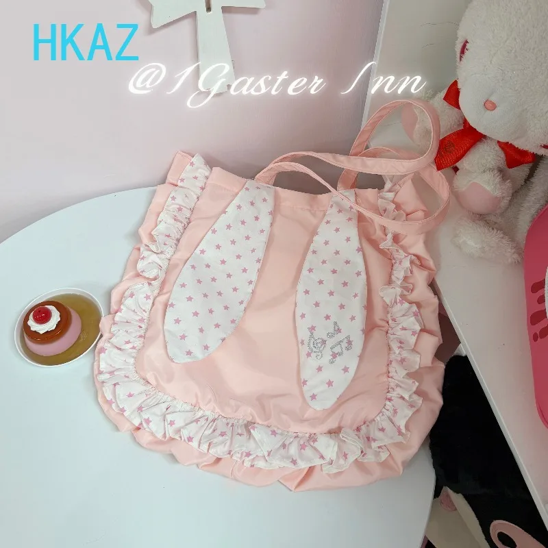 Cute Student Polka Dot Rabbit Ear Shoulder Bag Vintage Japanese Versatile Large Capacity Commuter Color-block Handbag Makeup Bag