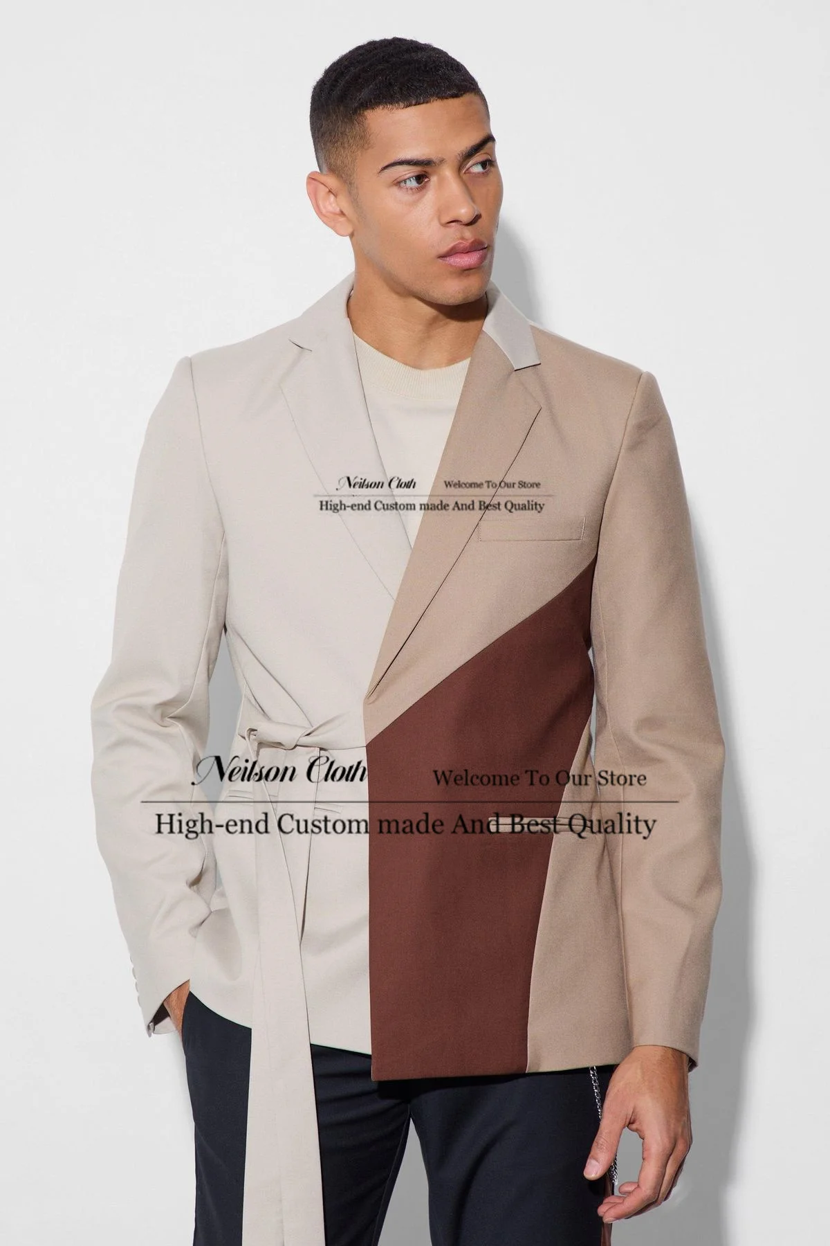 Three Colors Splice Male Prom Blazers 2 Pcs Sets With Belt Groom Wedding Tuxedos Slim Fit Customized Notched Lapel Costume Homme