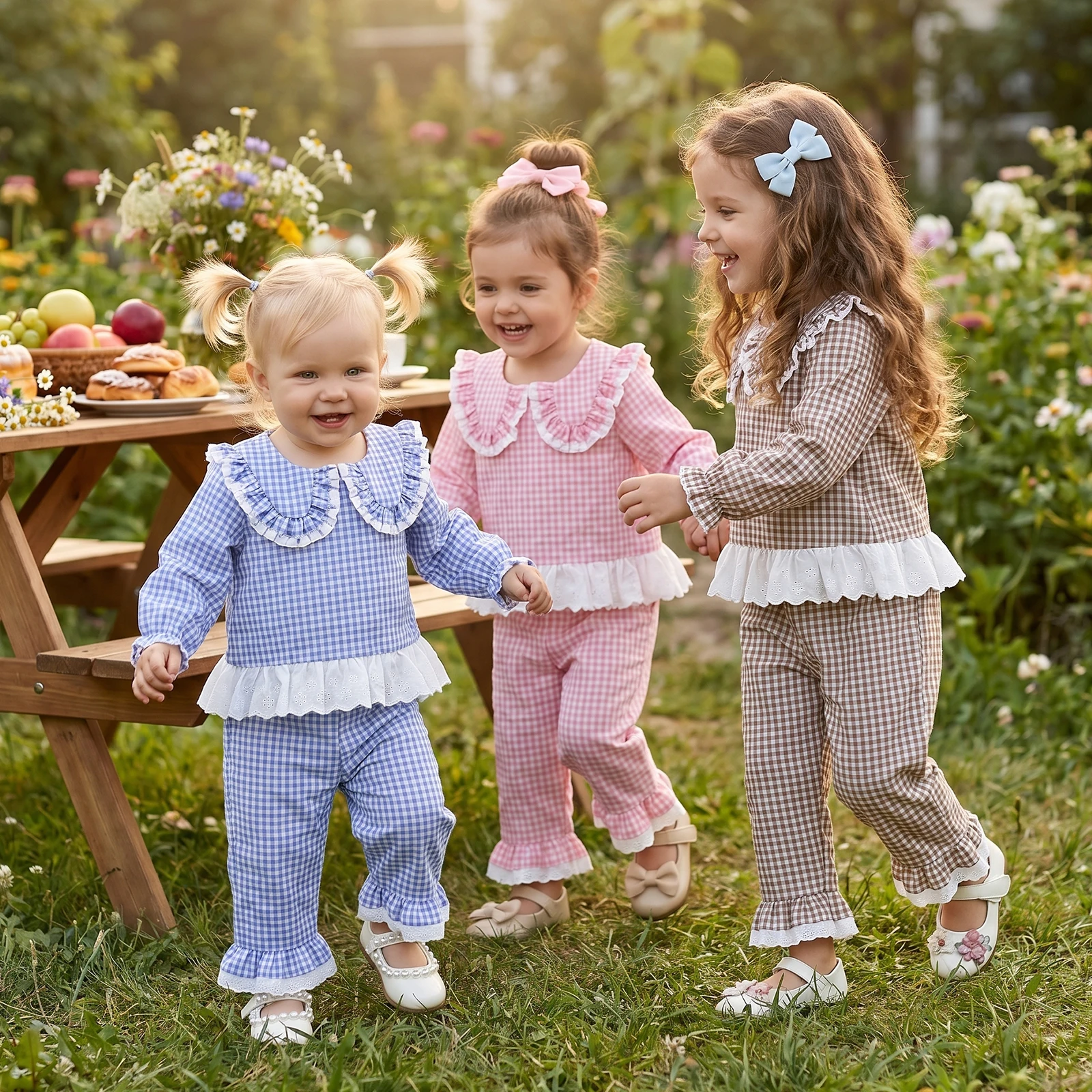 2Pcs Toddler Girl Outfit Long Sleeve Doll Collar Plaid Print Lace Trim Tops and Elastic Waist Pants Set