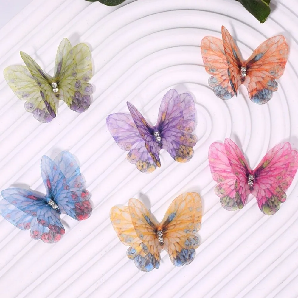 50Pcs 3D Organza Fabric Butterfly Appliques Colorful Translucent Simulation Mesh Butterfly Patch Double-layer