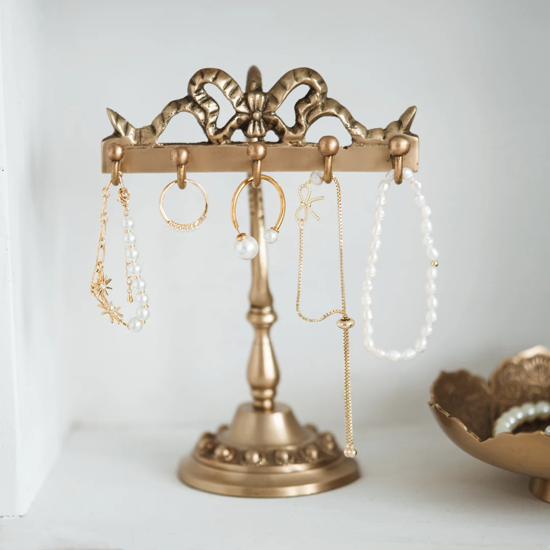 Retro Brass Jewelry Display Stand Court Style Household Earrings Storage Holders Table Gold Necklace Stand Hanging