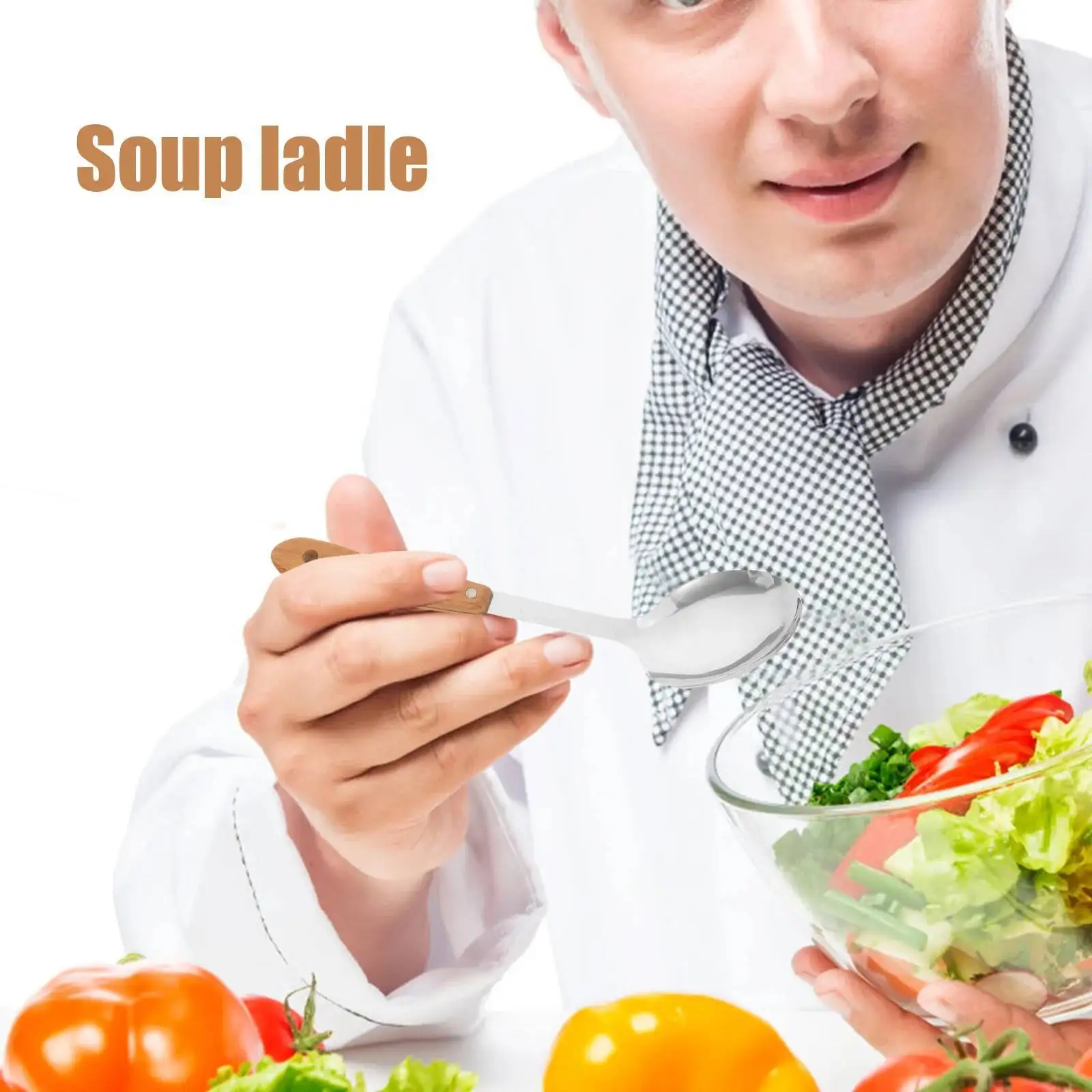 

5Pcs Bamboo Kitchen Tool Set Stainless Steel Ergonomic Clean Soup Ladle Pasta Server Forks Spoons