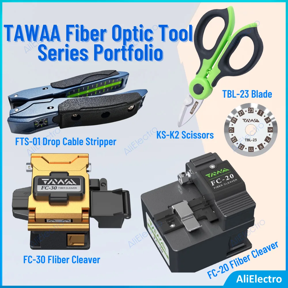 

TAWAA Fiber Optic Tool Series Portfolio FTS-01 Drop Cable Stripper/ KS-K2 Scissors/ Fiber Cleaver FC-20/30 TBL-23 Blade