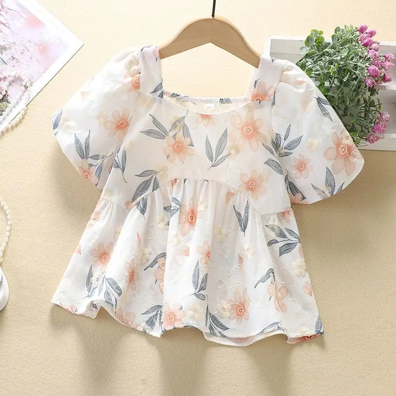 Conjunto de camisa Floral para niñas pequeñas, Top de manga corta, pantalones cortos de mezclilla a la moda, conjunto de verano de dos piezas, Simple e informal