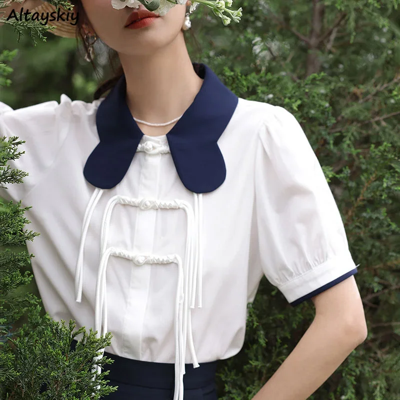 

Shirt Women Summer Patchwork Tassel Design Peter Pan Collar Students Lovely Stylish Popular Fashion Korean Style Tops All-match