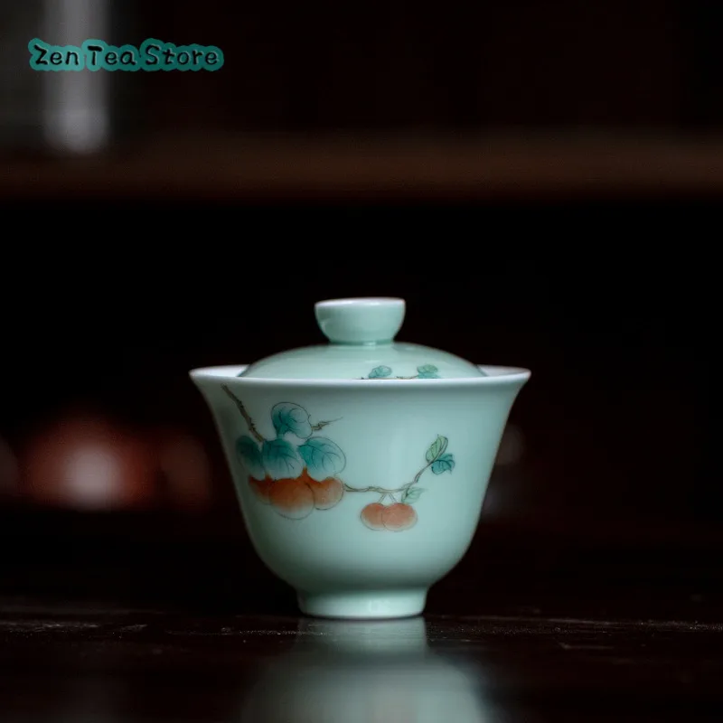 Celadon Pure Hand-painted Persimmon Two Small Cover Bowl Kung Fu Tea Set Home Tea Bowl Ceramic