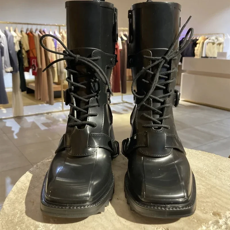 

Motorcycle boots women 2025 new strap mid-tube knight boots British style thick heel side zipper personality handsome long boots