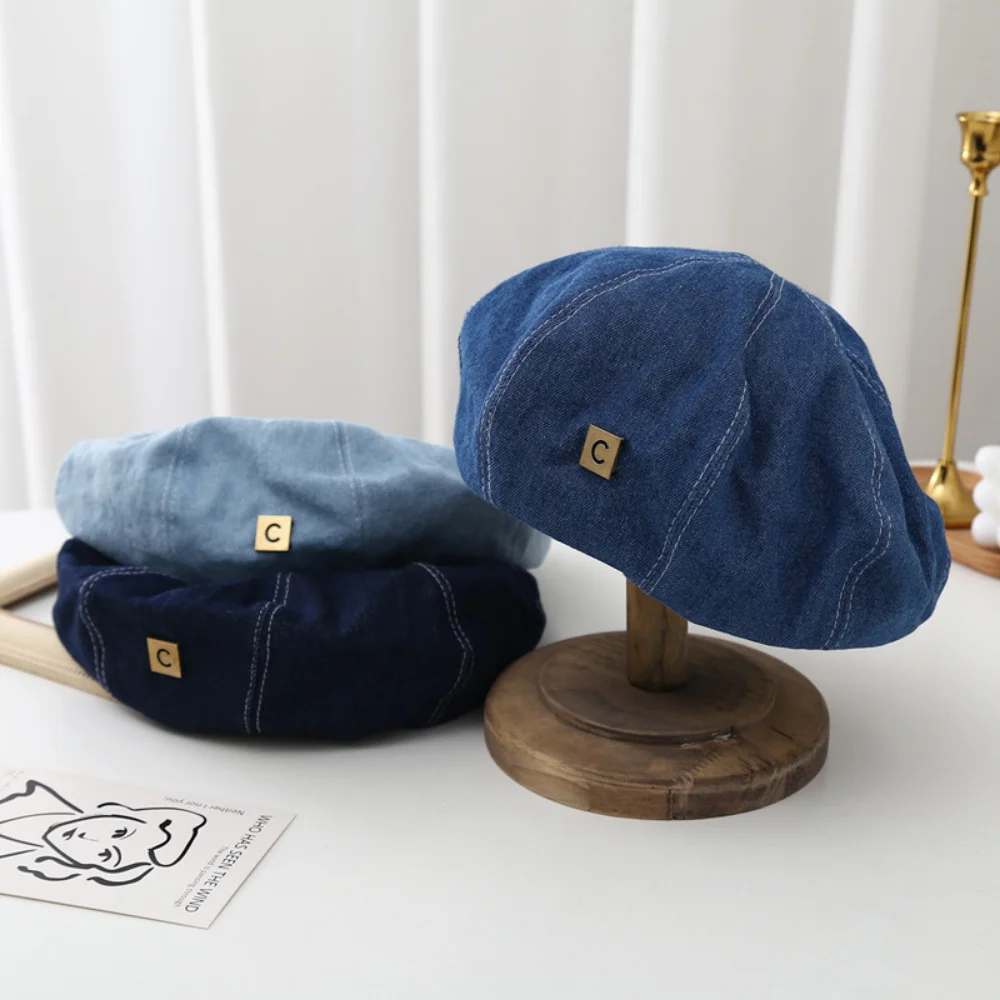 Korean Version Washed Metal Letter Logo Beret, Stylish and Versatile, Unhooded Rosebud Hat, Retro and Simple Painter's Hat