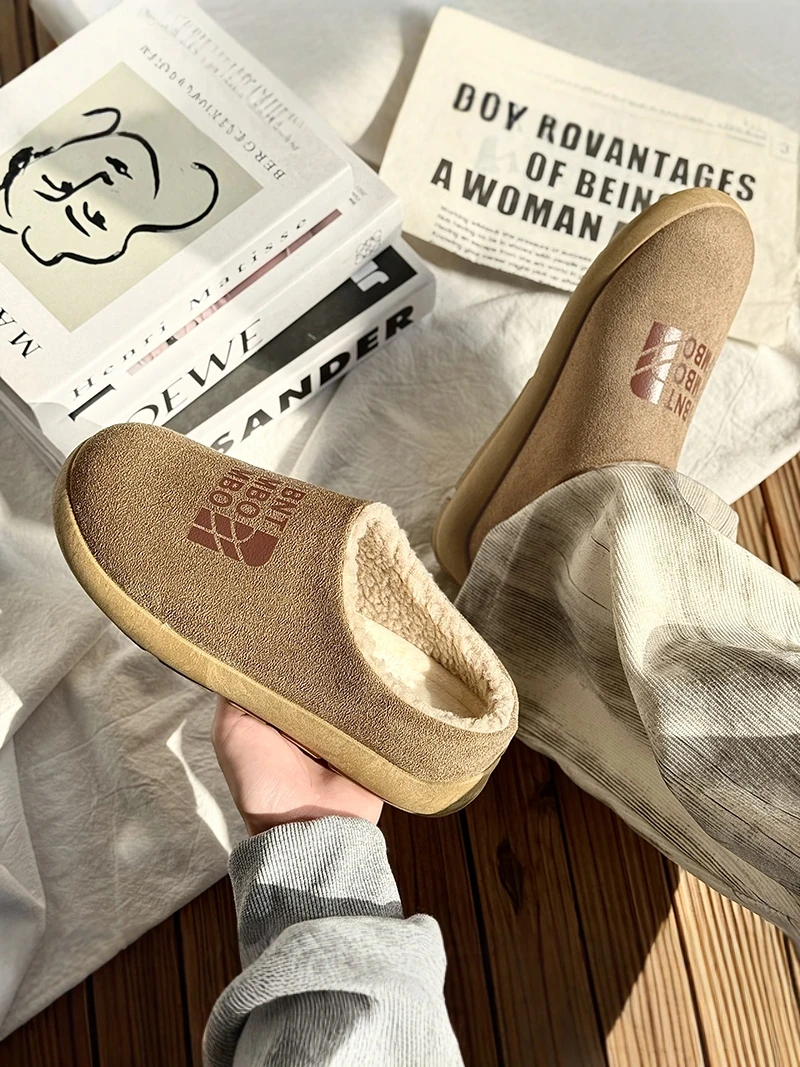 

Men's Cotton Slippers Winter Anti-slip Retro Casual Slip-on Half Slippers Fleece Lined Warmth Cotton Shoes