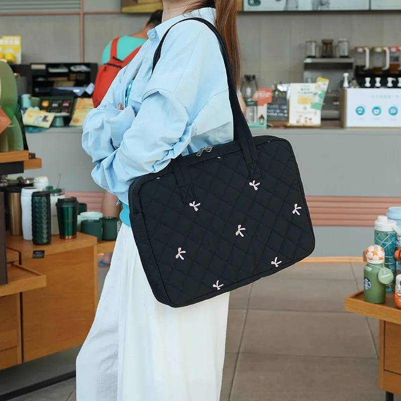 Cute Bow Embroidered Quilted Laptop Bag 13 14 15 15.6 16 Inch Notebook Pouch Large Capacity Shoulder bag for daily commuting