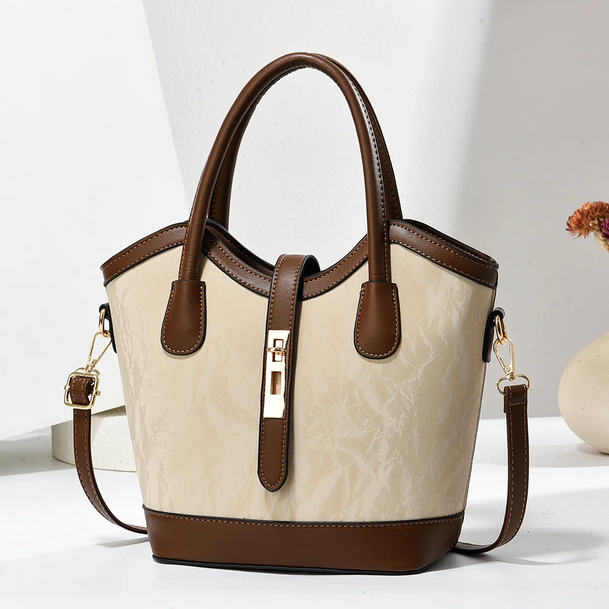 

2025 Designer Bucket Bag Women Textured PU Leather Crossbody Shoulder Bag Minimalist Retro Multi-way Handbag Ladies Fashion