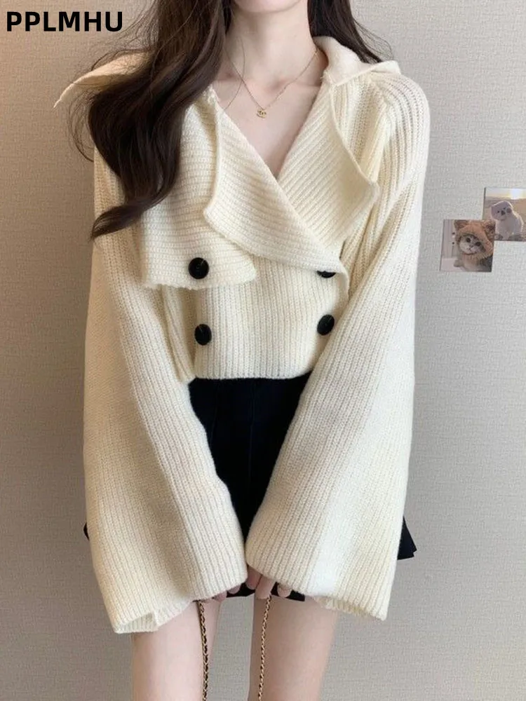 Lapel Button Fashion Baggy Sweater Women's Casual V-neck Knitted Pullovers Top Loose Long Sleeved Short Knitwear Cardigan