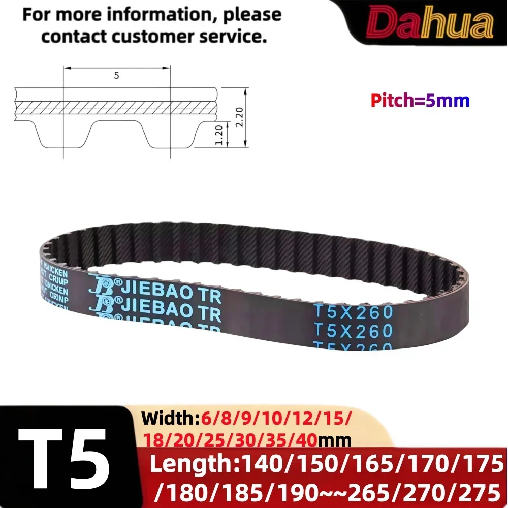 High Quality T5 Rubber Synchronous Timing Belt 6/8/9/10/12/15/20~40mm Width 140mm-275mm Long Drive Belt for Linear Motion Motor