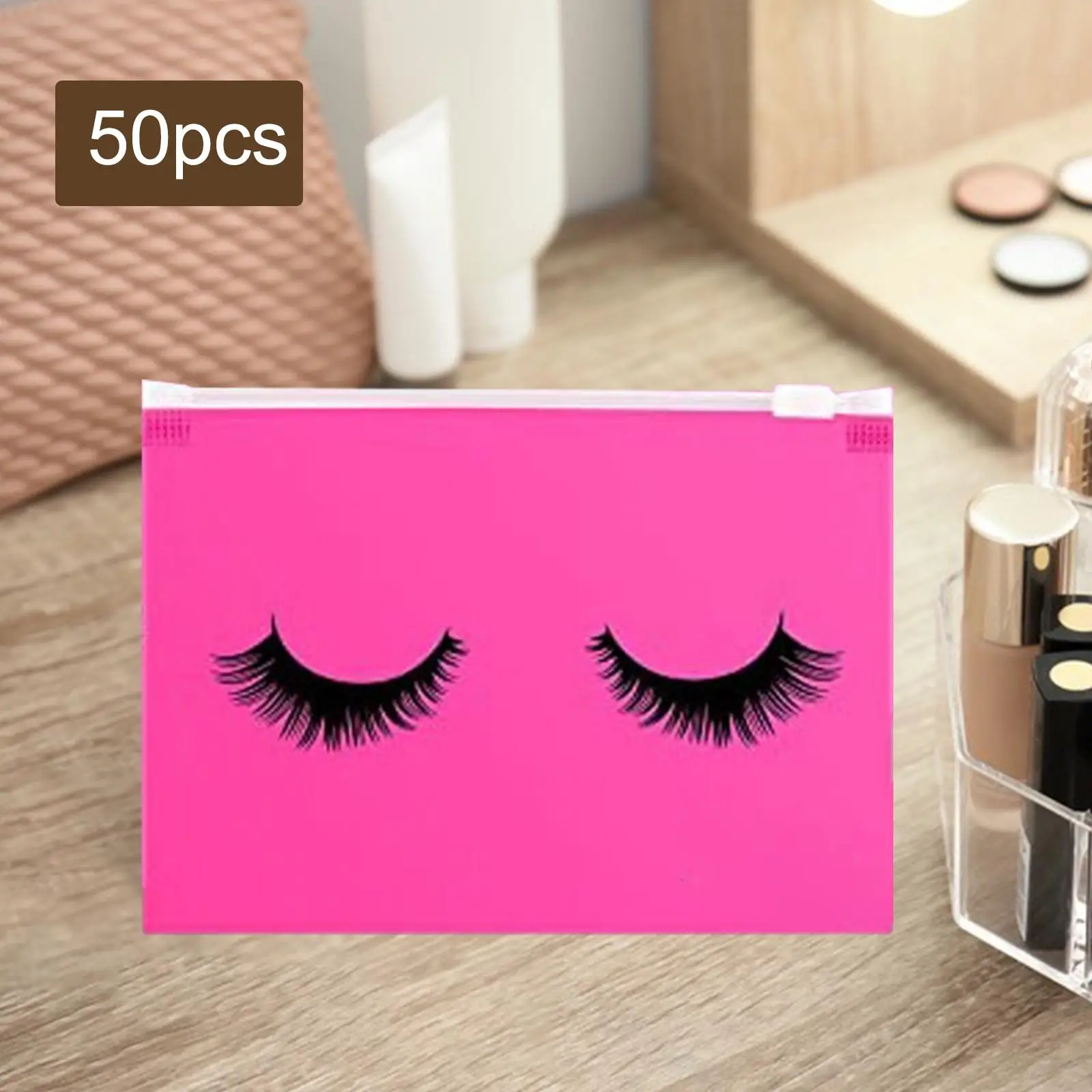 2-4 عبوة من 50 قطعة من أكياس الرموش مع سحاب رائع مقاس 15 × 10 سم وردي