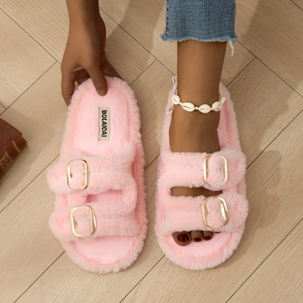 Fashion Metal Double Buckle Fluffy Furry Slippers Woman Casual Outdoor Plush Warm Slides Women Winter Open Toe Cotton Slippers
