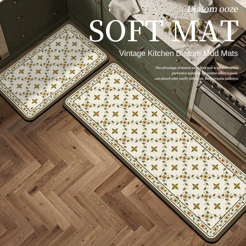 VIKAMA Vintage Pattern Ceramic Kitchen Floor Mat, Long Strip, Water and Oil Absorbent, Anti-slip Carpet, Siliceous Mat