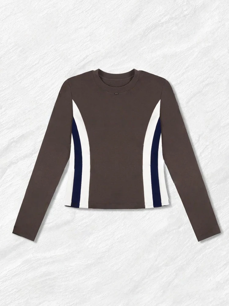 Camiseta Feminina Slim Fit de Manga Longa para Primavera e Outono, Nova, com Cintura Ajustada, Top Listrado Bonito, Moda Streetwear