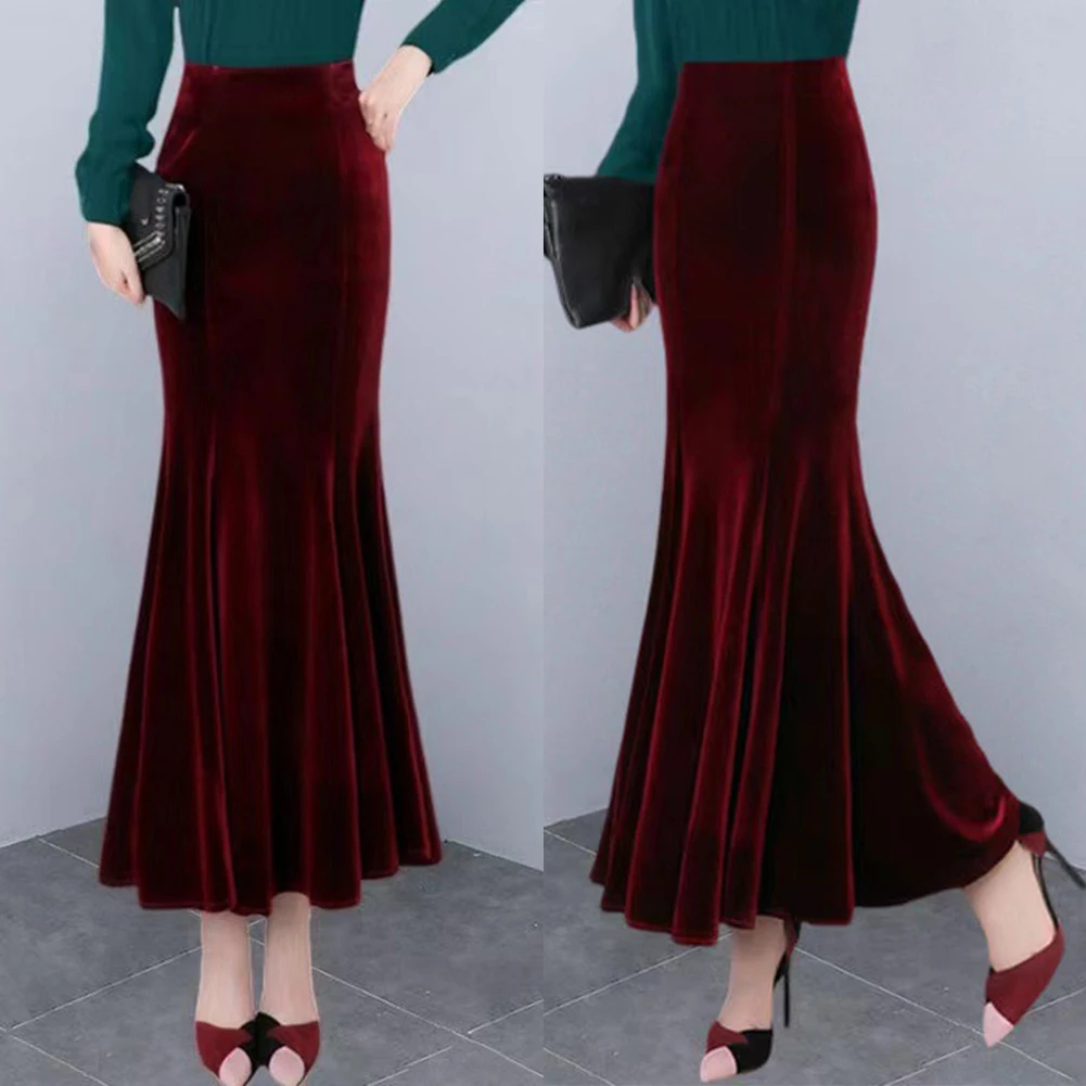 New Womens Velvet Skirt Fashion Slim Mermaid Skirt Solid Color High Waist Long Skirt Ladies' Sexy Elegant Skirt
