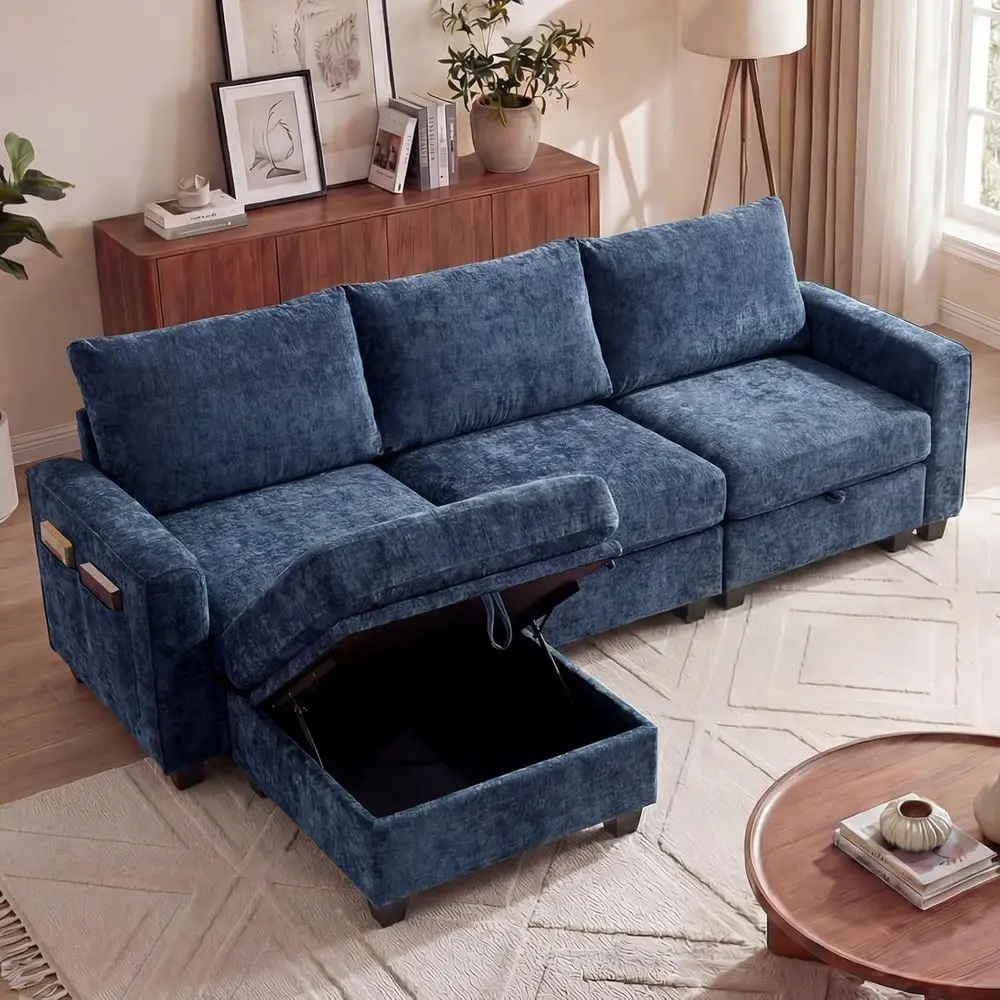 

98 Sectional Sofa with Ottoman, 4-Seat Chenille Couch, Storage, Quick-Convert, Washable Covers, Deep Seating, Side Pockets, Blue