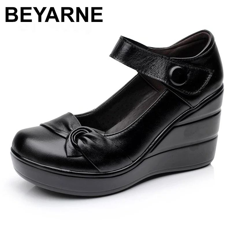 

BEYARNE spring autumn genuine leather women's fashion high heels pumps wedges black color female platform shoes