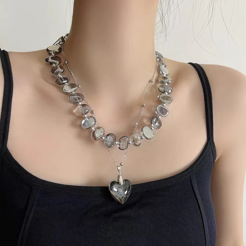 Irregular Crystal Bead Necklace for Women, Niche Sophistication, Double Layered Stacking, Heart-shaped Pendant, Collarbone Chain