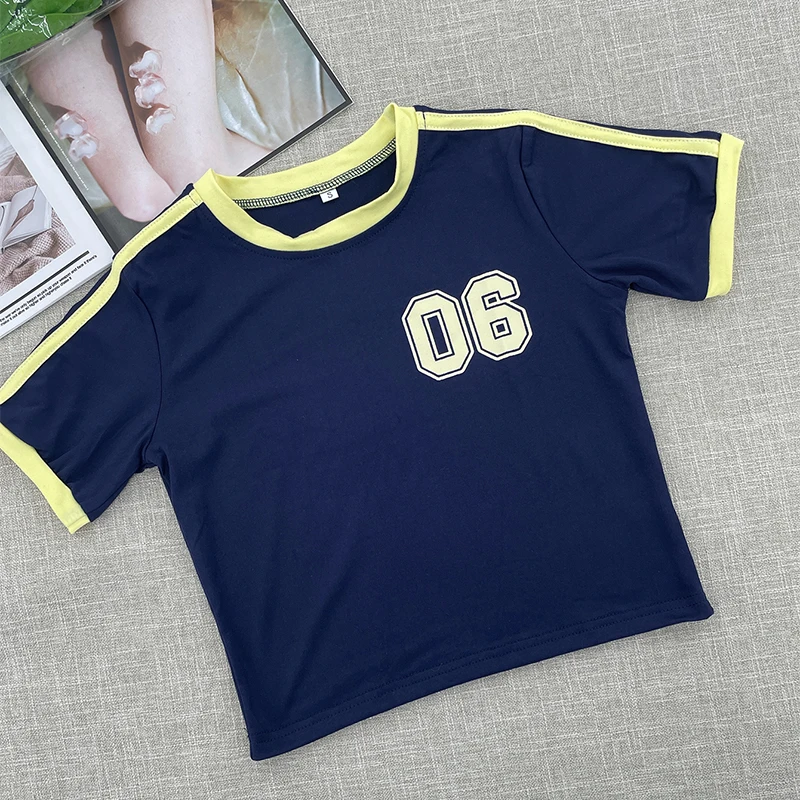 Y2K Women T Shirt 06 Slim Fit Crop Tops Streetwear Casual Korean Fashion Summer Short Sleeve Tshirts Basis Female Blue Baby Tees