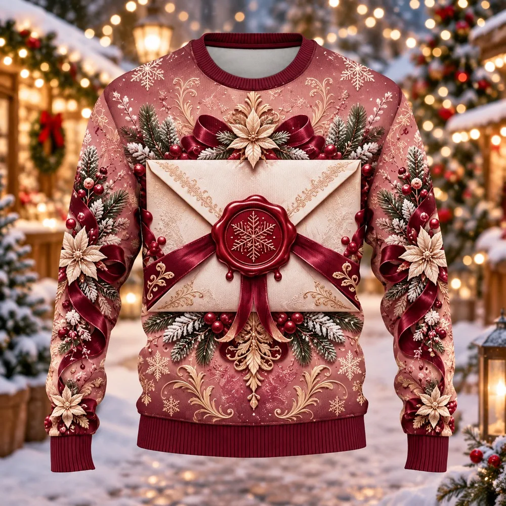 Wax Seal Envelope Ugly Christmas Sweater for Men Women Festive Holiday Party Crewneck Pullover Long Sleeve Gift Sweaters
