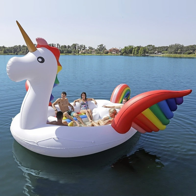 Inflatable giant pontoon 4-6 people unicorn floating island water mount bed