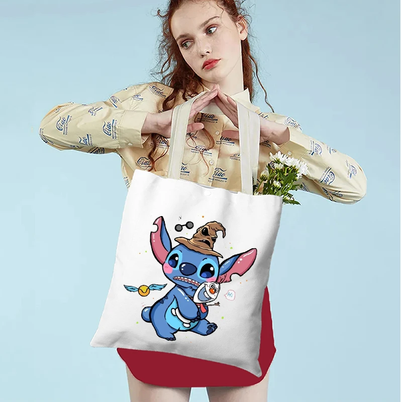 MINISO Disney Stitch Tote Bag Canvas Shoulder Bag Eco Hip Hop Lilo and Stitch Shopping Bag Shopper Women Tote Harajuku Female