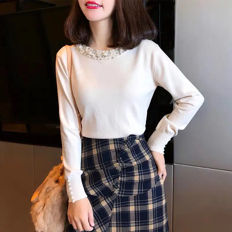 2022 New Spring And Autumn Handmade Bead Round Neck Knitted Sweater Women\'s Long Sleeve Temperament Thin Top